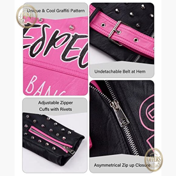 Faux Leather Moto Jacket with Studded Rivets, Belted Hip-Length Streetwear - Picture 4 of 7